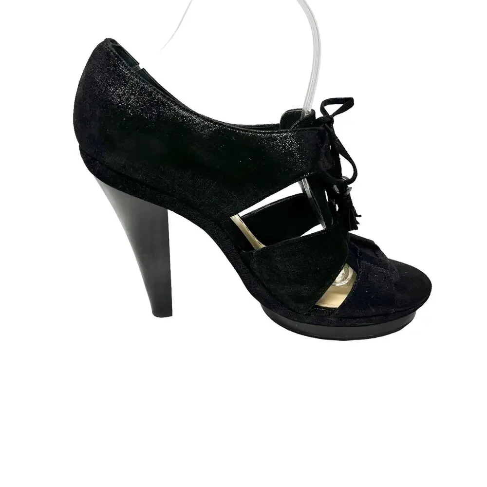 Coach Teagan Shimmer Leather Heeled Sandal Black Lace Up Size 10